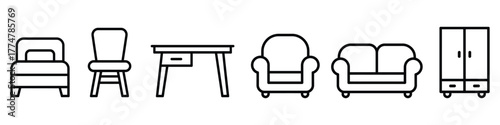 Set of furniture and furnishing icon vector. Bed, Chair, Desk, Sofas, and Wardrobe symbol. vector illustration.