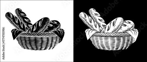Vintage woodcut style drawing of a basket filled with artisan bread loaves. Ideal for bakery branding, packaging, menus, or food themed graphic design with a traditional feel.