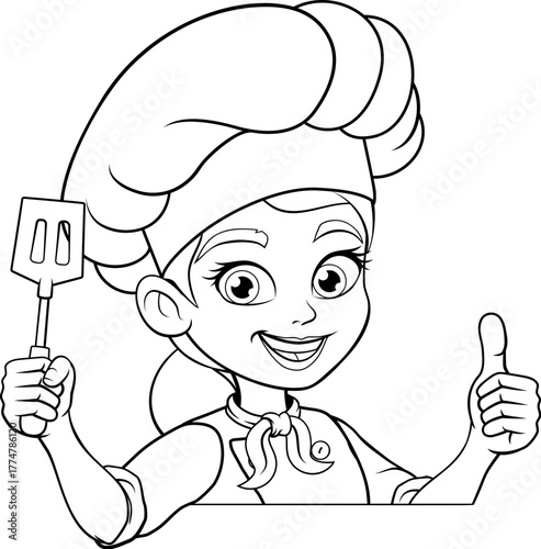 Happy female chef woman in a tall chef hat holding a spatula and giving a big thumbs up. Cartoon black and white drawing, great for restaurant clipart, kitchen artwork, menus, and coloring page fun.