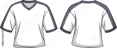 Athletic shirt fashion illustration, technical flat sketch, front and back view, short sleeve design, V neck, sportswear, breathable fabric