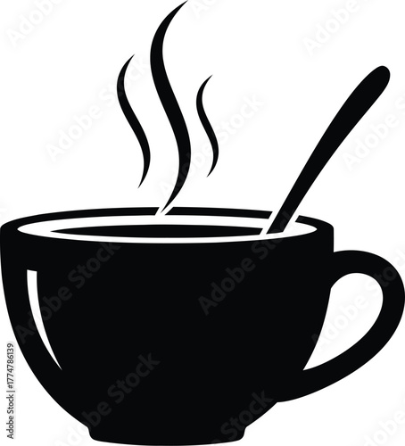 Black silhouette of a steaming hot coffee cup with spoon