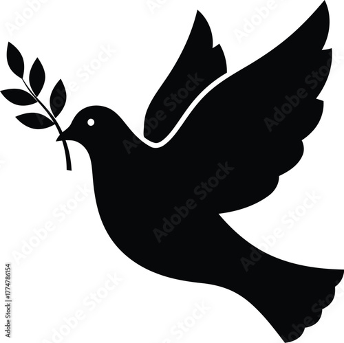 Black silhouette of a dove carrying an olive branch in its beak