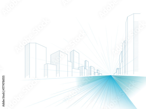 Blue line A001 Modern futuristic city skyline architecture concept with perspective lines EPS 10
