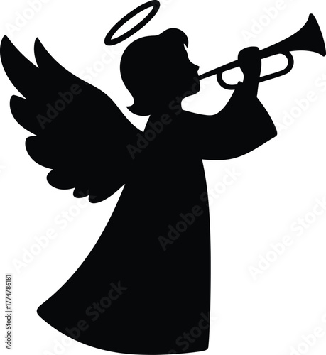 Silhouette of an angel with wings blowing a trumpet