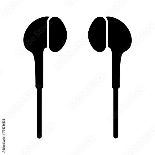 Black and white silhouette image depicting two earbuds for personal listening