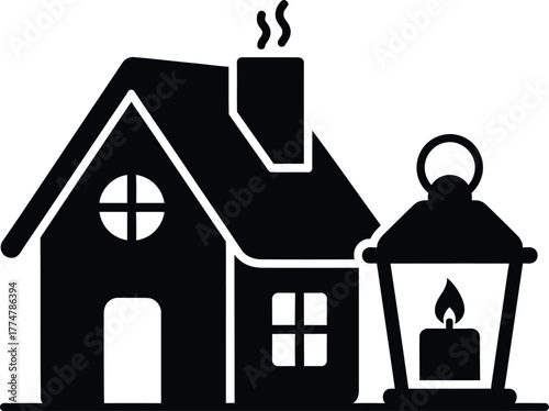 Cozy cottage silhouette with lantern and smoke from chimney