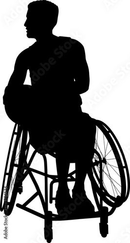 Silhouette of male athlete man in sports wheelchair basket baller basketball player.