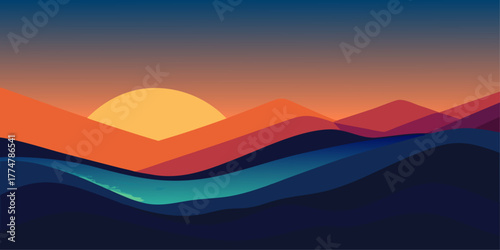 Minimalist Sunset Over Wavy Mountains and River sunrise