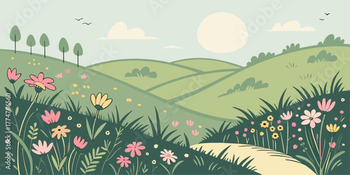 Spring meadow with rolling hills and wildflowers vector
