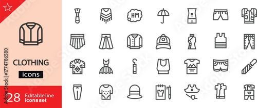 Clothing icons set. Includes symbols of shirts, dresses, pants, jackets, footwear, and accessories. Editable stroke. Vector illustration. Outline icons. Perfect for retail, and lifestyle projects. 