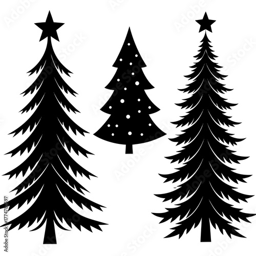 Decorative Christmas tree silhouette clipart with stars, gifts, and bells for designers and crafters.