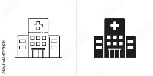 Hospital building icon in outline and solid black