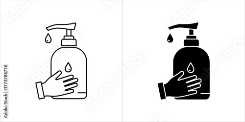 Hand using a pump bottle of hand sanitizer, one outline and one filled