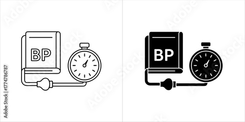 Blood pressure monitor with gauge and bulb, line art and silhouette style
