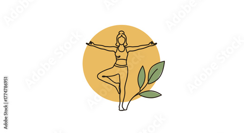 Find Your Balance: Woman in Yoga Tree Pose with Botanical Accent, Ideal for Wellness Brands, Fitness Blogs, and Mindful Lifestyle Content
