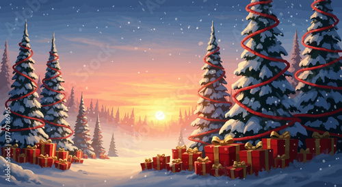 A snowy landscape with Christmas trees decorated with red garlands and presents, illuminated by a sunset.