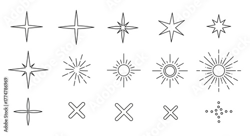 Sparkling celestial collection: Stars, sunbursts, and crosses radiate simple elegance, perfect for adding a touch of magic to any design project