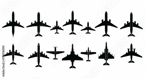 Set of airplane silhouettes various types of aircraft in black vector illustration for aviation and transportation themes