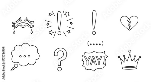 Line art emotion icons for creative design projects, vector graphic elements perfect for expressing feelings, reactions, and adding visual interest