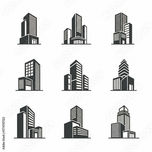 Set of modern building icons simple monochrome vector illustration of city skyscrapers isolated on white background