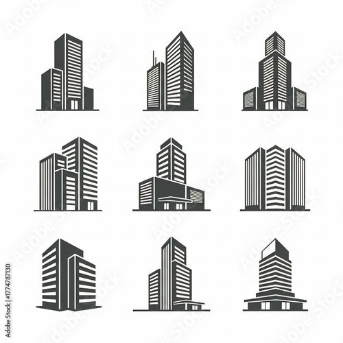 Set of monochrome building icons simple vector illustration of urban architecture isolated on white background