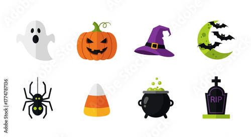 Spooky season delights with Halloween icons like a ghost, pumpkin, witch hat, bats, spider, candy corn, cauldron and tombstone perfect for your creative projects