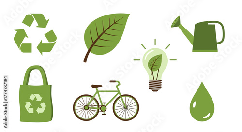 Eco-Friendly Lifestyle Icons Showcasing Sustainability and Renewable Energy Solutions Promoting a Green Future and Environmental Awareness Movement