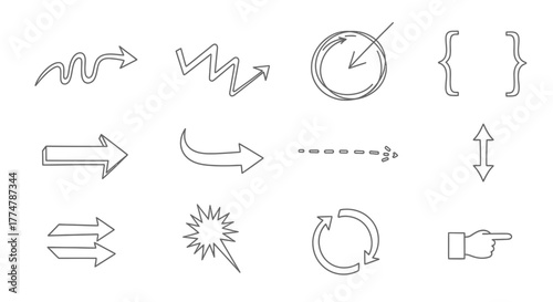 Dynamic hand-drawn arrow collection for web design and infographics, perfect for presentations, user interfaces, and creative projects needing a modern edge
