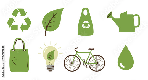 Eco-Friendly Lifestyle Elements: Recycling, Leaf, Bag, Watering Can, Lightbulb, Bicycle, Water Drop - Embrace Sustainability for a Greener Planet
