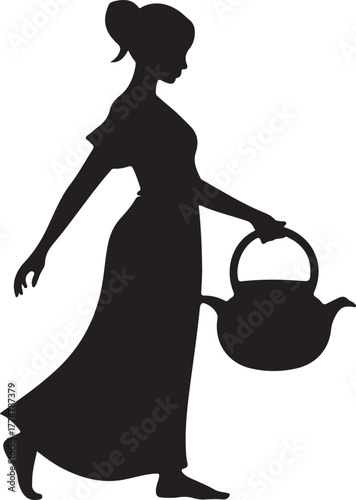 Black silhouette of a woman in a long dress carrying a teapot female