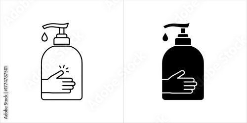 Two icons of a hand using a soap dispenser, one outline and one filled