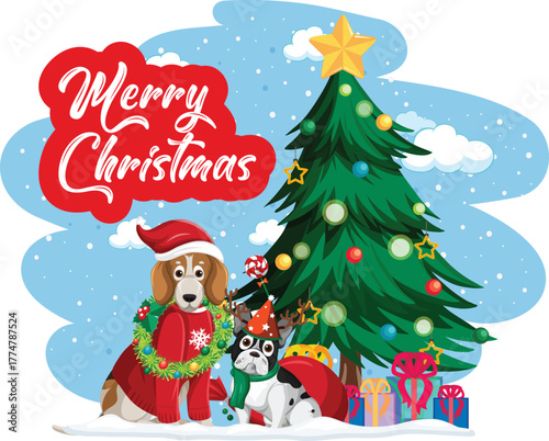 Cute Dogs Merry Christmas Illustration: A cheerful vector illustration featuring two adorable dogs (Beagle and French Bulldog) dressed in festive attire, sitting by a decorated Christmas tree with gif