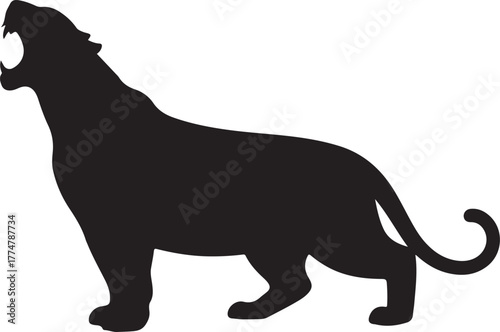 Black silhouette of a lion roaring with mouth open and teeth visible white background