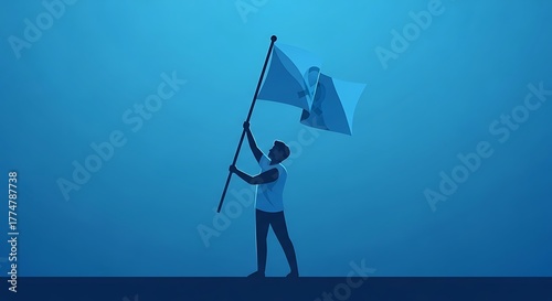 Flat minimalist illustration of man raising awareness flag in blue tones, Movember