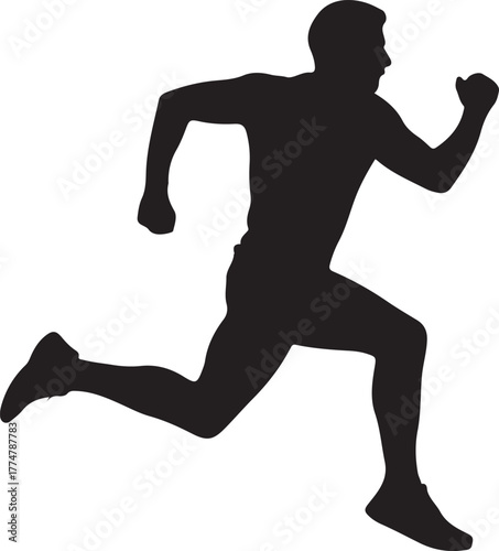 Black silhouette of a male runner in motion on a white background running