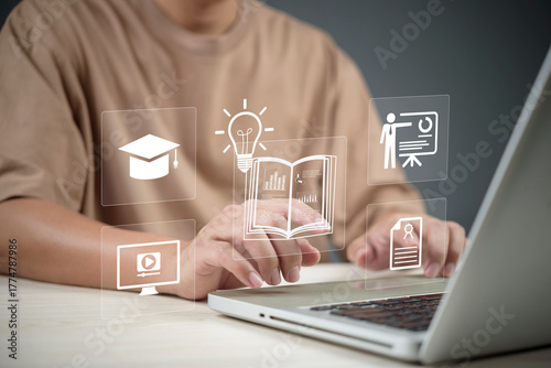 E-learning technology skill development, online education course. Student learning on laptop with virtual icons: webinar, knowledge, certificate. Graduation and upskill concept for modern education.