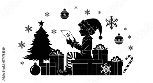Winter holiday elf reading letter surrounded by gifts tree ornaments snowflakes candy cane silhouette festive season scene