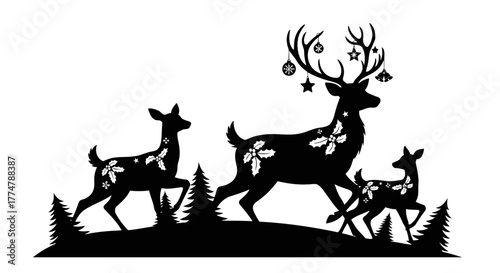 Deer family with holly decorated silhouette winter forest scene holiday nature wildlife design element seasonal animals