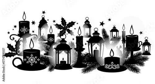 Winter decor collection with lanterns candles holly leaves and fir branches festive season decorations cozy lighting elements graphic set