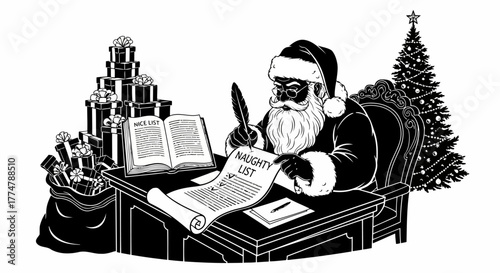 Santa Claus checking naughty list writing with feather pen at desk surrounded by gift boxes sack full of presents and decorated tree