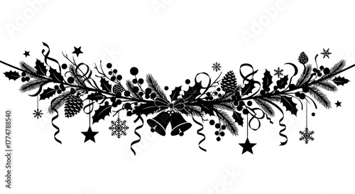 Winter holiday garland with fir branches holly berries pine cones bells stars ribbons and snowflakes festive season decoration vector illustration