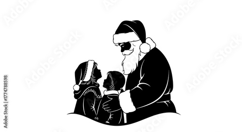Man with beard wearing winter hat embracing two small children in winter clothing standing on snow in black and white