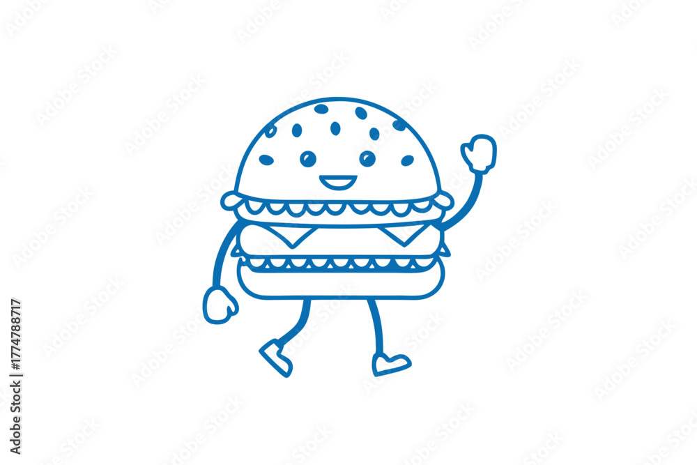 Fototapeta premium Smiling cartoon hamburger character is happily walking while waving its cute gloved hand