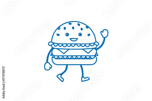 Smiling cartoon hamburger character is happily walking while waving its cute gloved hand