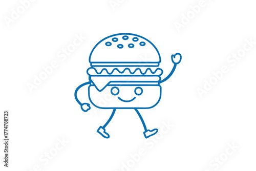 Walking cartoon burger with sesame seeds cheerfully waves, a classic design element