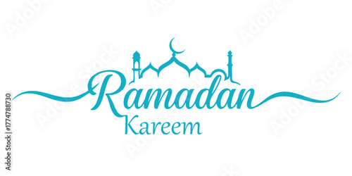 Ramadan Kareem greeting with mosque silhouette and crescent moon vector illustration