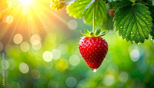 Juicy Ripe Strawberry Hanging on Vine, Dew Drops, Sunlight, on a bush, Generated with AI.