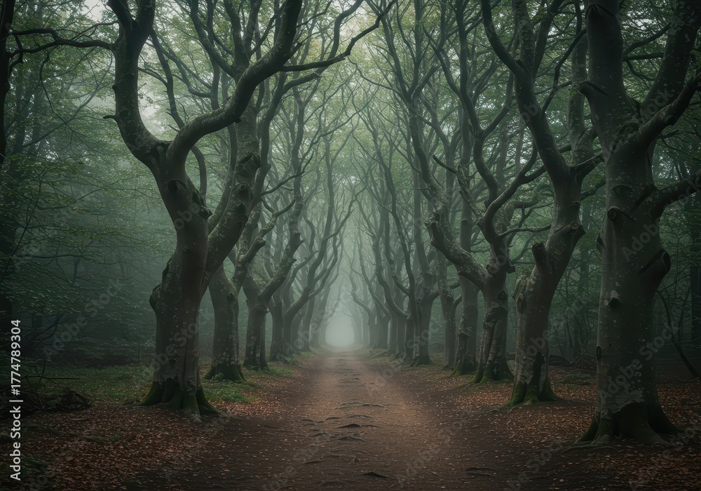 Fototapeta premium Eerie dirt path winding through a dense mystic forest, lined by bizarrely twisted and gnarled ancient beech trees. Haunting natural scene ,dark ,ancient ,forest