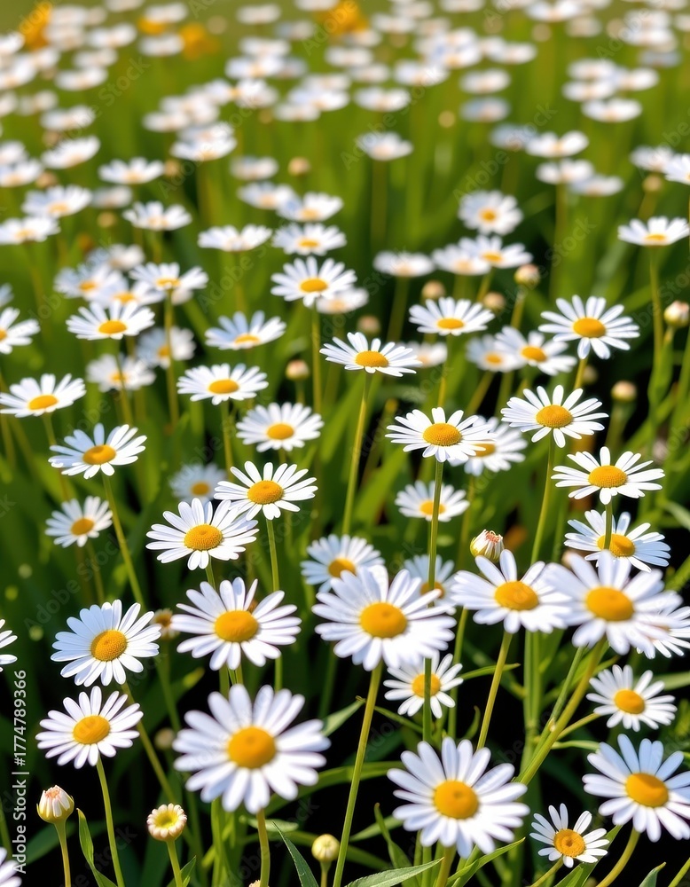 Fototapeta premium Field of white oxeye daisies blooming in a sunlit meadow, vibrant and fresh, yellow center, verdant