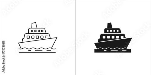 Outline and filled silhouette of a cruise ship sailing on water